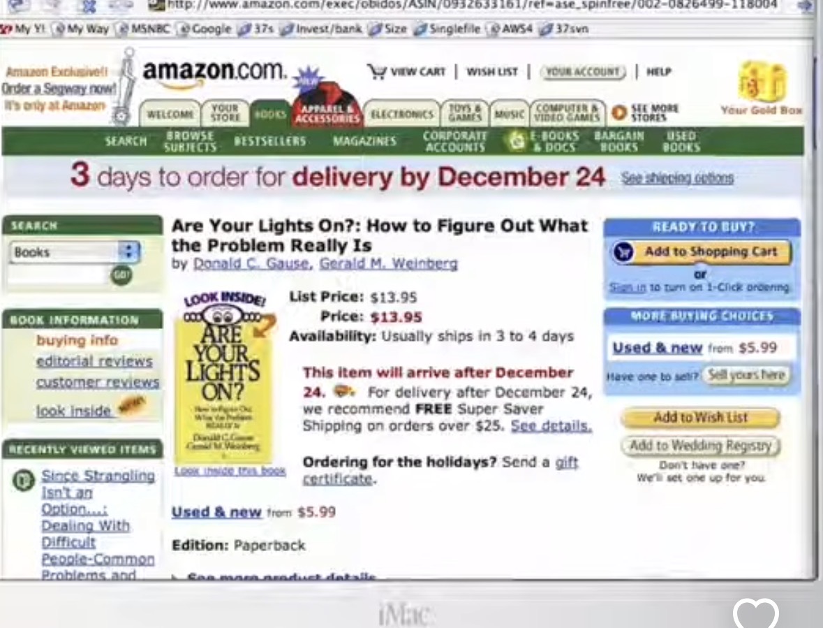 Amazon product page for Are Your Lights On?, showing search, the book cover and title, price, customer reviews, and an Add to Shopping Cart panel.