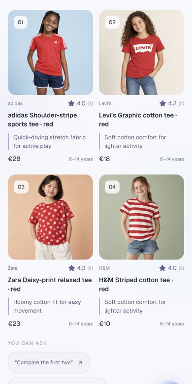 Four red T-shirts with prices and explanations of their suitability for running.