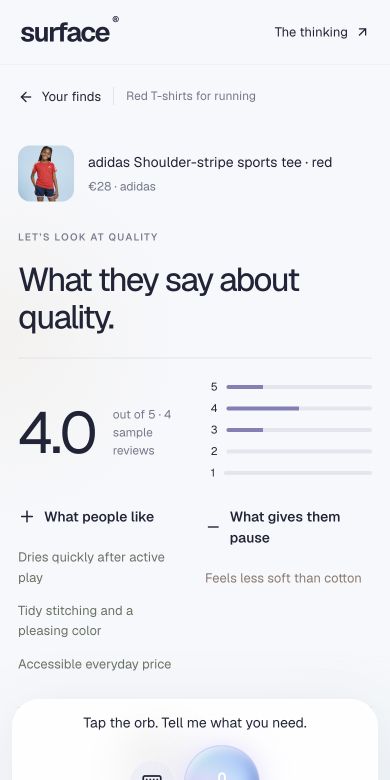 A quality-focused review screen for the adidas T-shirt, showing its rating and positive and negative feedback.